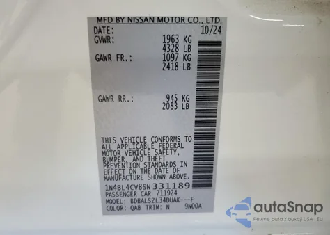 2025 Nissan Altima Sr from USA, damaged, VIN 1N4BL4CV8SN331189